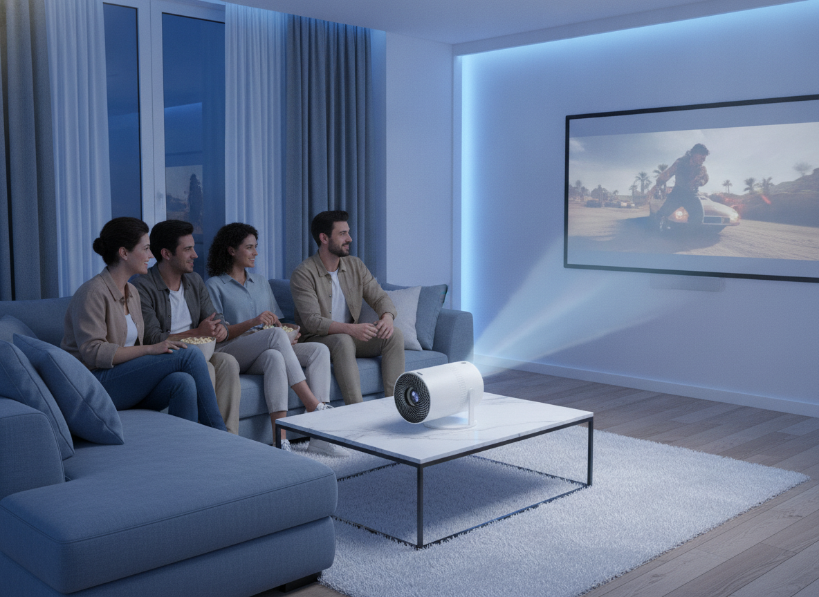 Diverse friends watch a movie projected by the Salange P300 Mini Portable Projector in a modern living room at dusk.