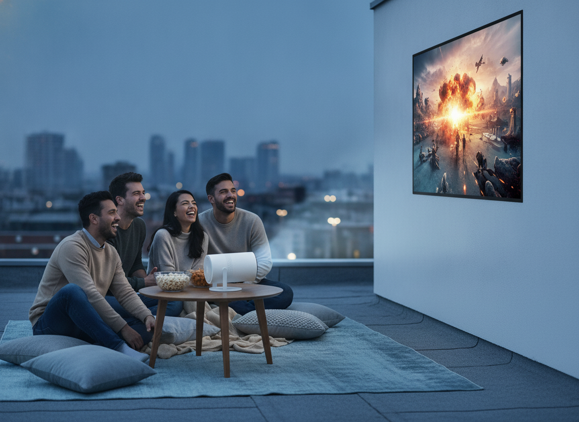 Friends watch a movie projected onto a rooftop wall by the Salange P300 Mini Portable Projector, visible on a table.