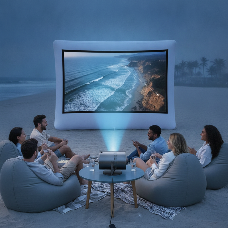 Friends watch a drone's coastal flight path projected on a screen by a Salange P300 Mini Portable Projector on a beach at nig