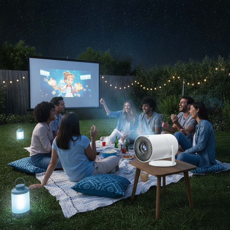 Diverse friends enjoy a backyard movie night with the Salange P300 Mini Portable Projector projecting a film onto a large scr