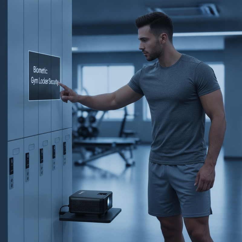 A diverse young man uses the Salange P300 Mini Portable Projector to display 'Biometric: Gym Locker Security' on a gym locker